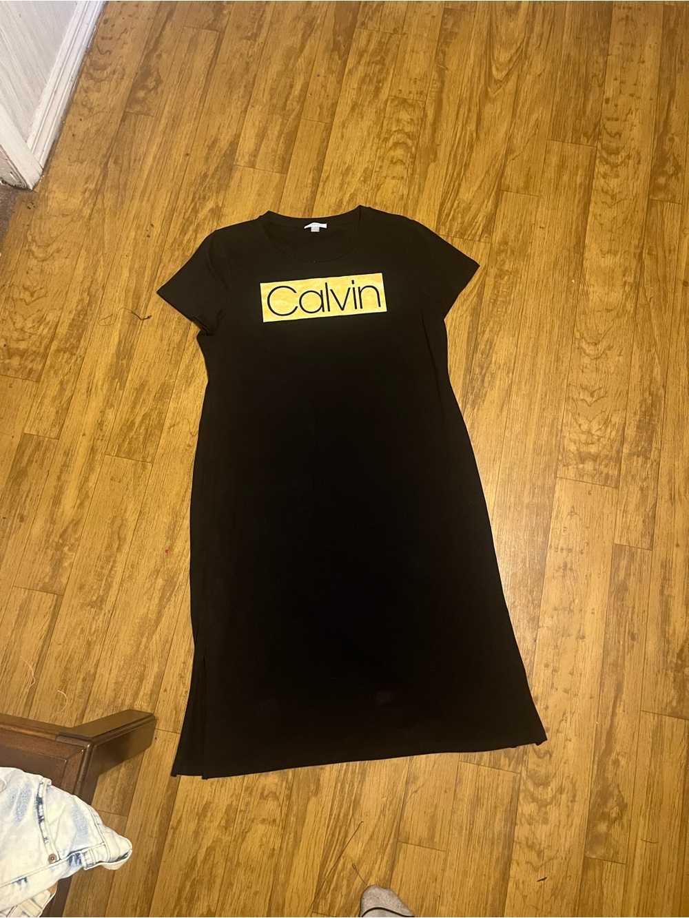 Calvin Klein Black Midi T-Shirt Dress with Yellow Logo
